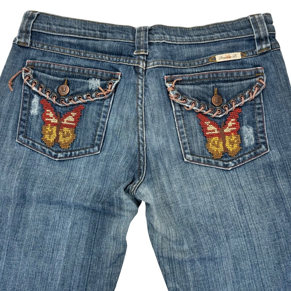 Frankie B. Butterfly Embroidered Flare Jeans Medium Wash Low Rise Size 10